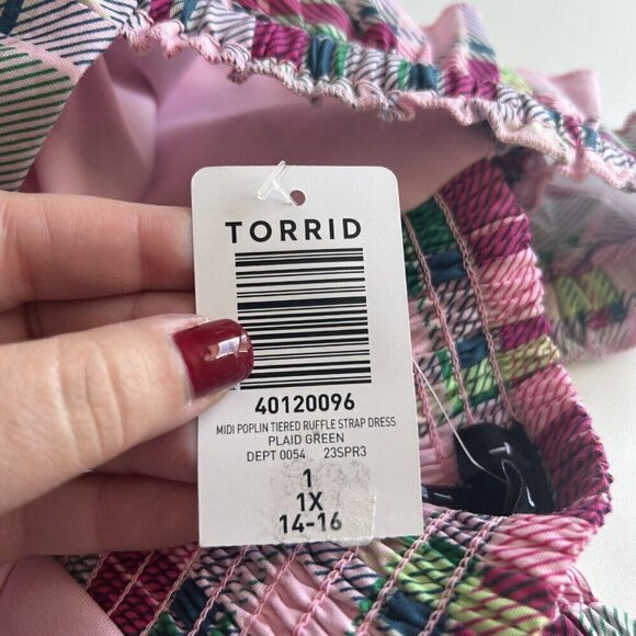 Torrid Mini Poplin Tiered Ruffle Strap Dress Plaid Pink Green NWT Plus 1X 14-16 - Picture 8 of 11